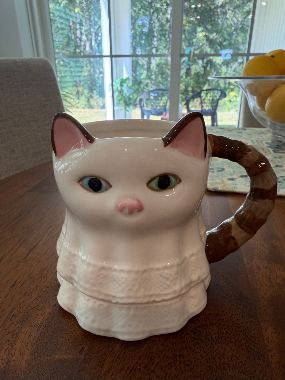 Anthropologie White Cat Mug with Brown Striped Tail Handle